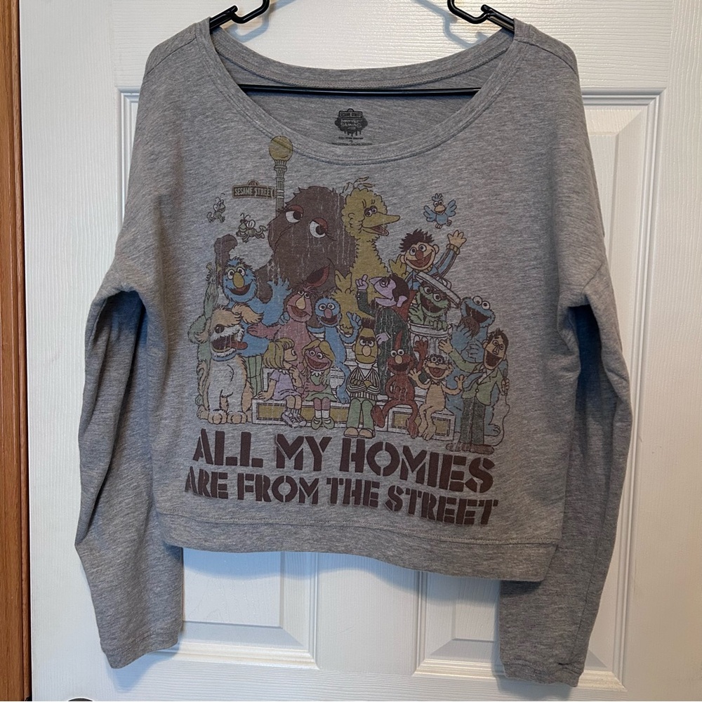 Gray Graphic Sweatshirt with Sesame Street Charactery